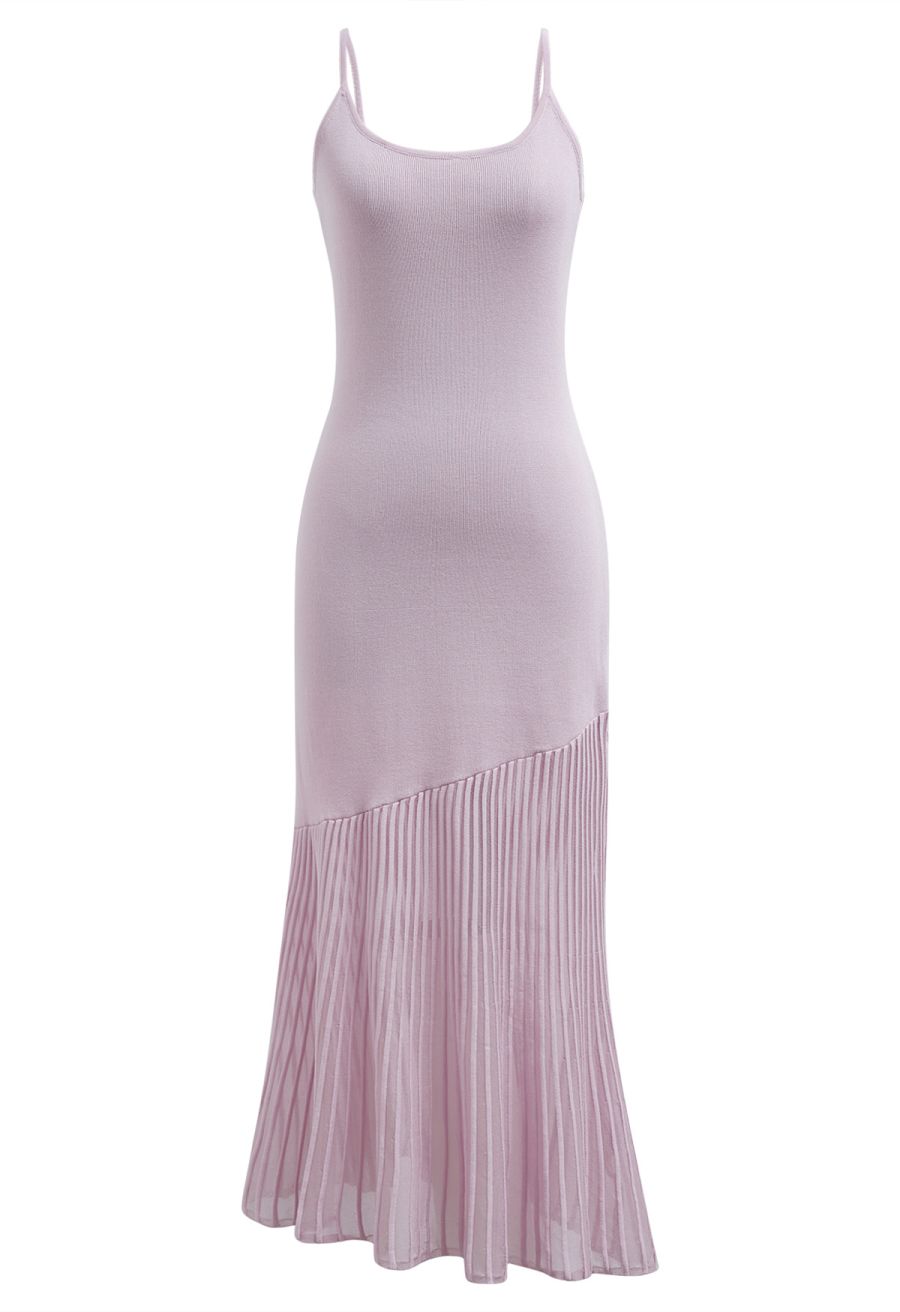 Semi-Sheer Mesh-Panel Knit Cami Maxi Dress in Lavender