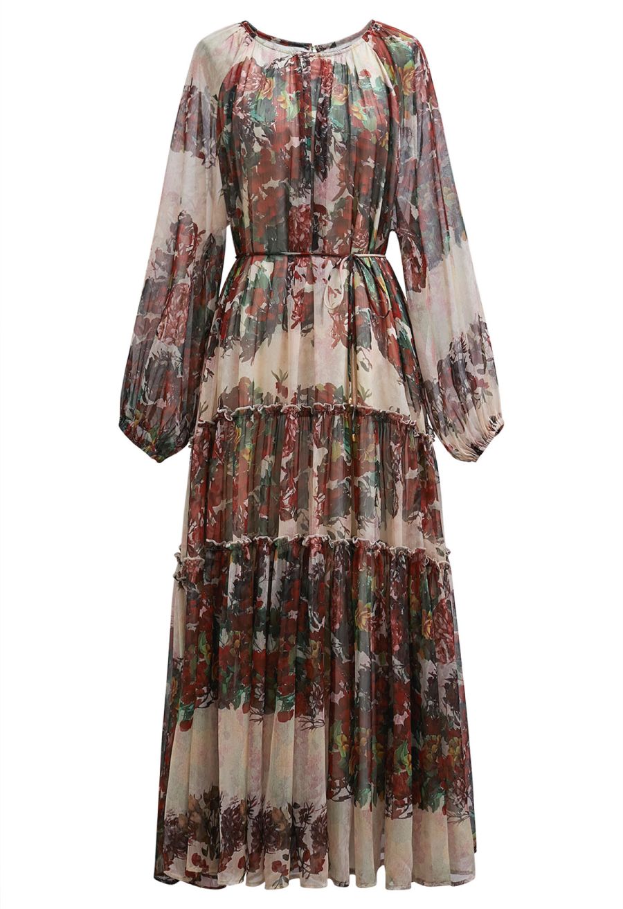 Crimson Bloom Puff Sleeve Ruffle Chiffon Maxi Dress