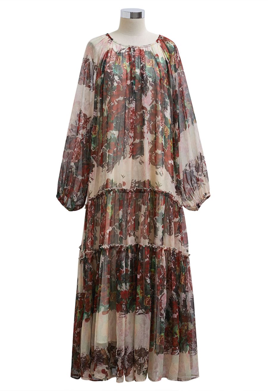 Crimson Bloom Puff Sleeve Ruffle Chiffon Maxi Dress