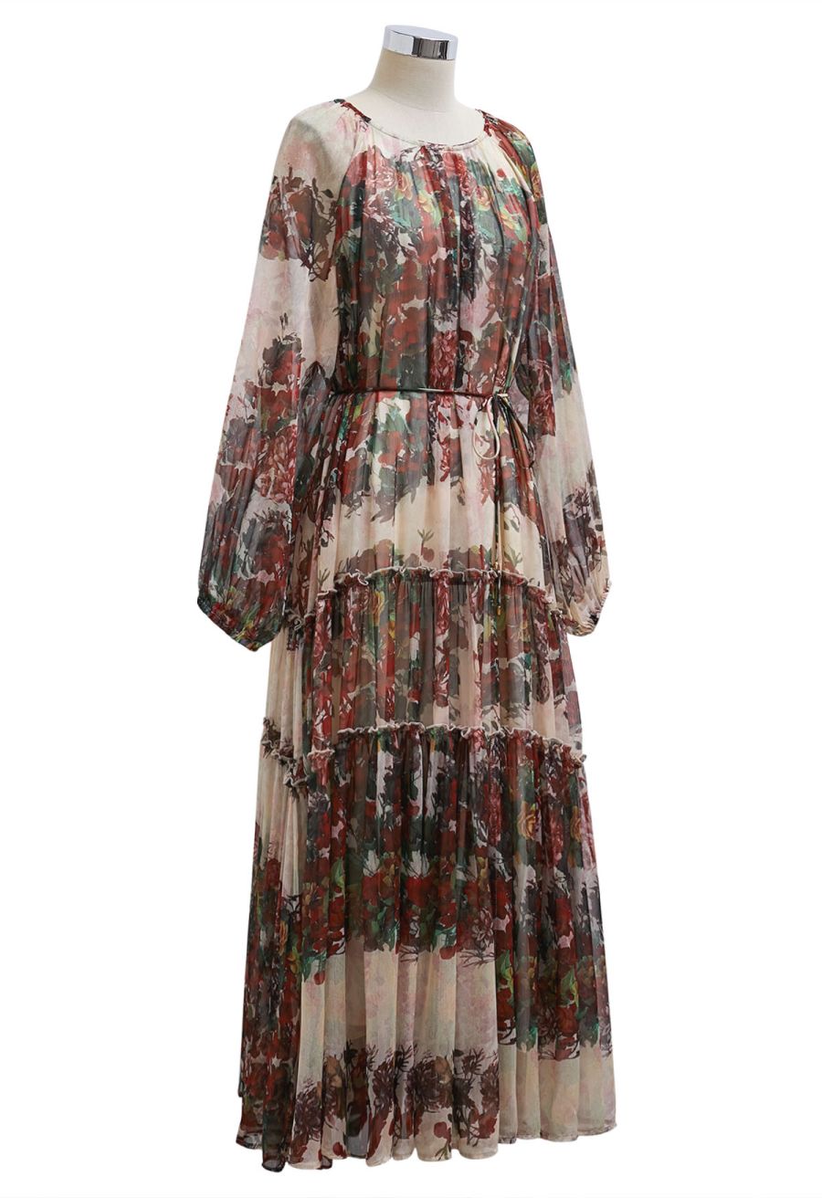 Crimson Bloom Puff Sleeve Ruffle Chiffon Maxi Dress