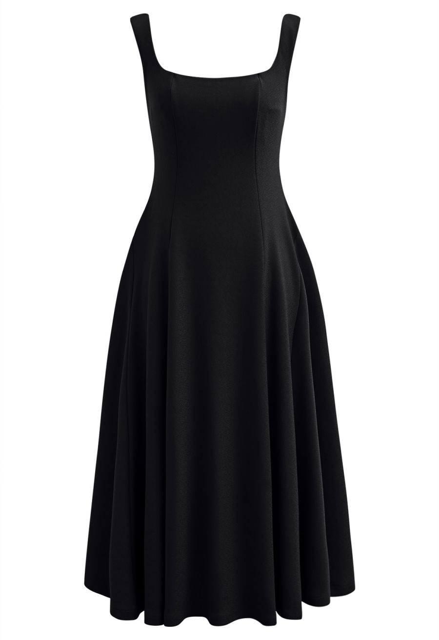 Square Neck Fit and Flare Midi Dress in Black