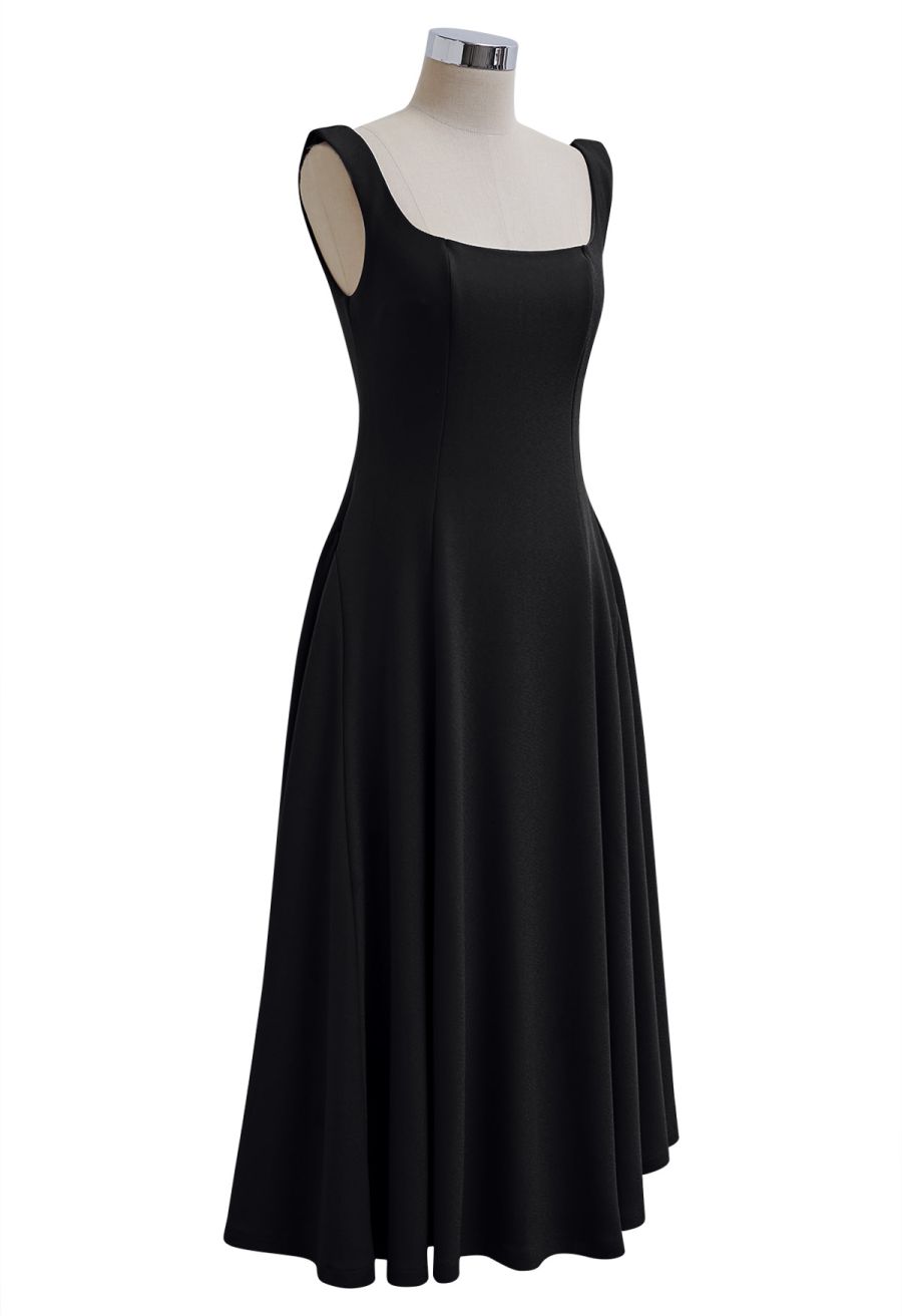 Square Neck Fit and Flare Midi Dress in Black