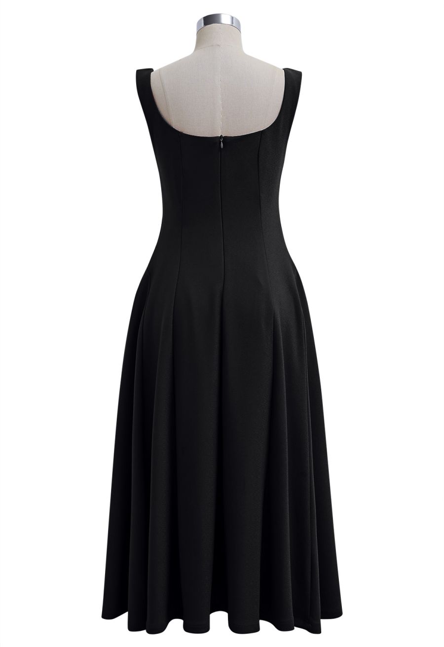 Square Neck Fit and Flare Midi Dress in Black