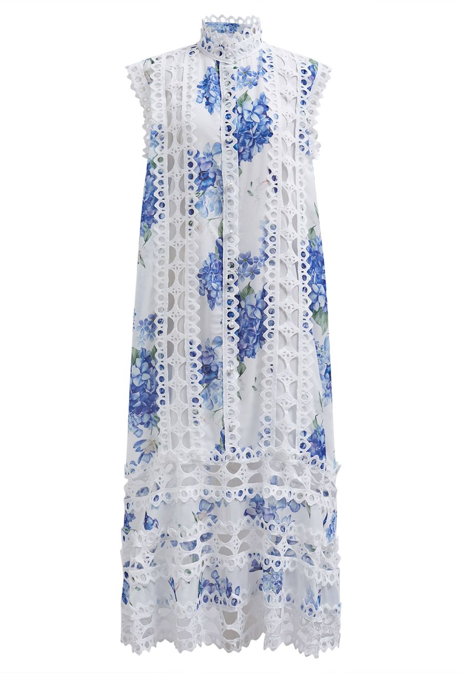 Blue Hydrangea Printed Cutwork Lace Trim Sleeveless Midi Dress