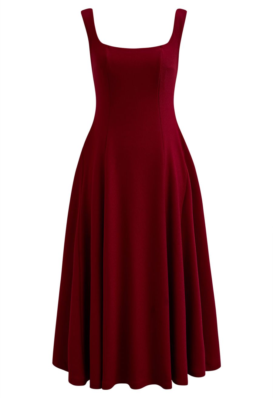 Square Neck Fit and Flare Midi Dress in Red