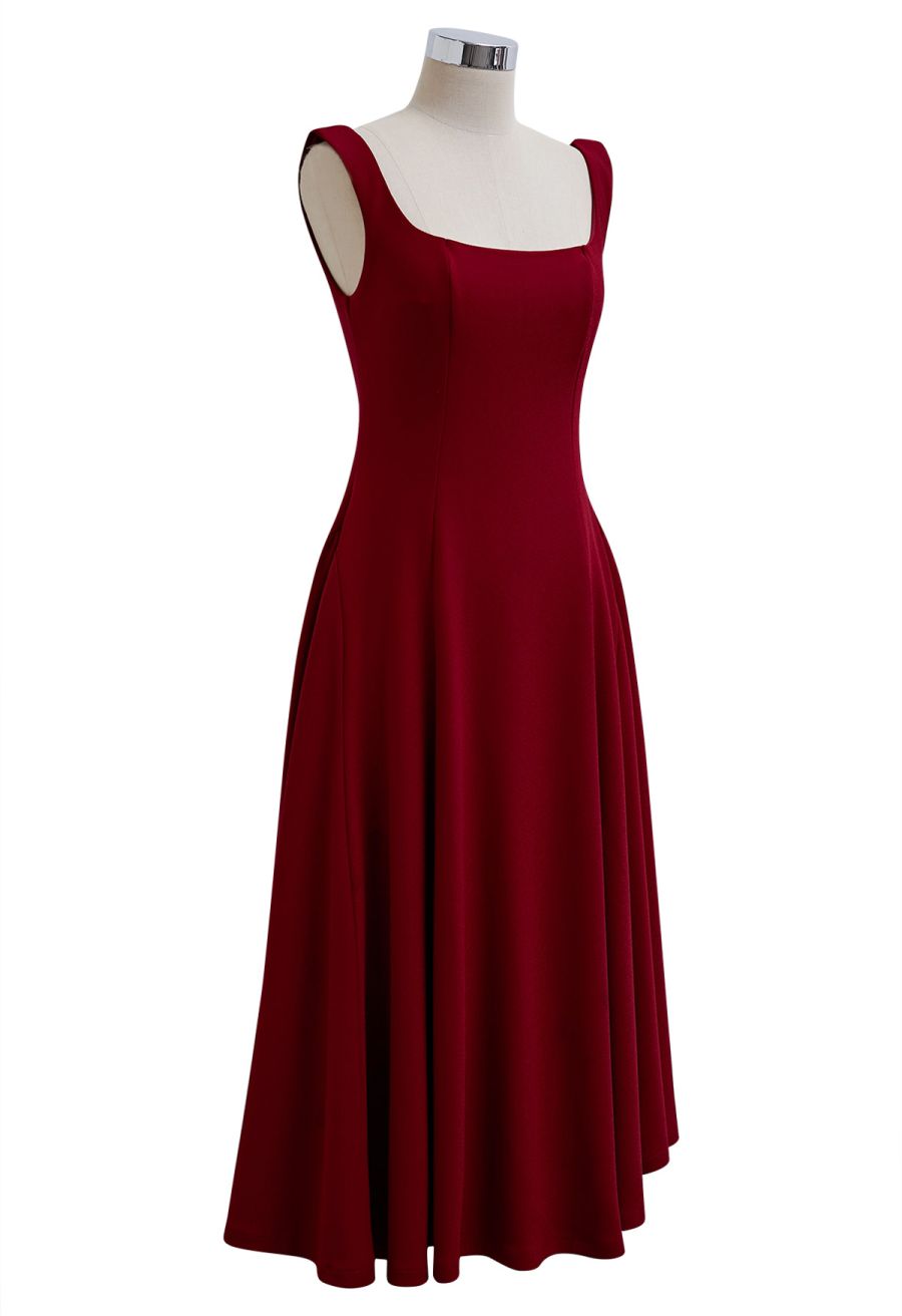 Square Neck Fit and Flare Midi Dress in Red