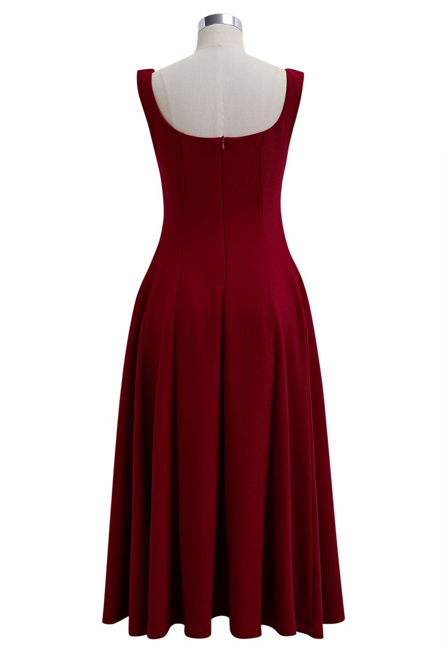 Square Neck Fit and Flare Midi Dress in Red