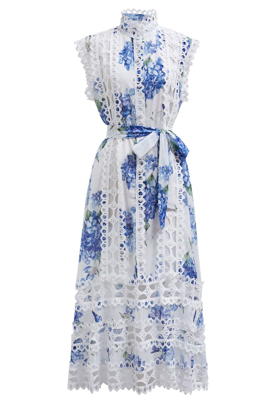 Blue Hydrangea Printed Cutwork Lace Trim Sleeveless Midi Dress