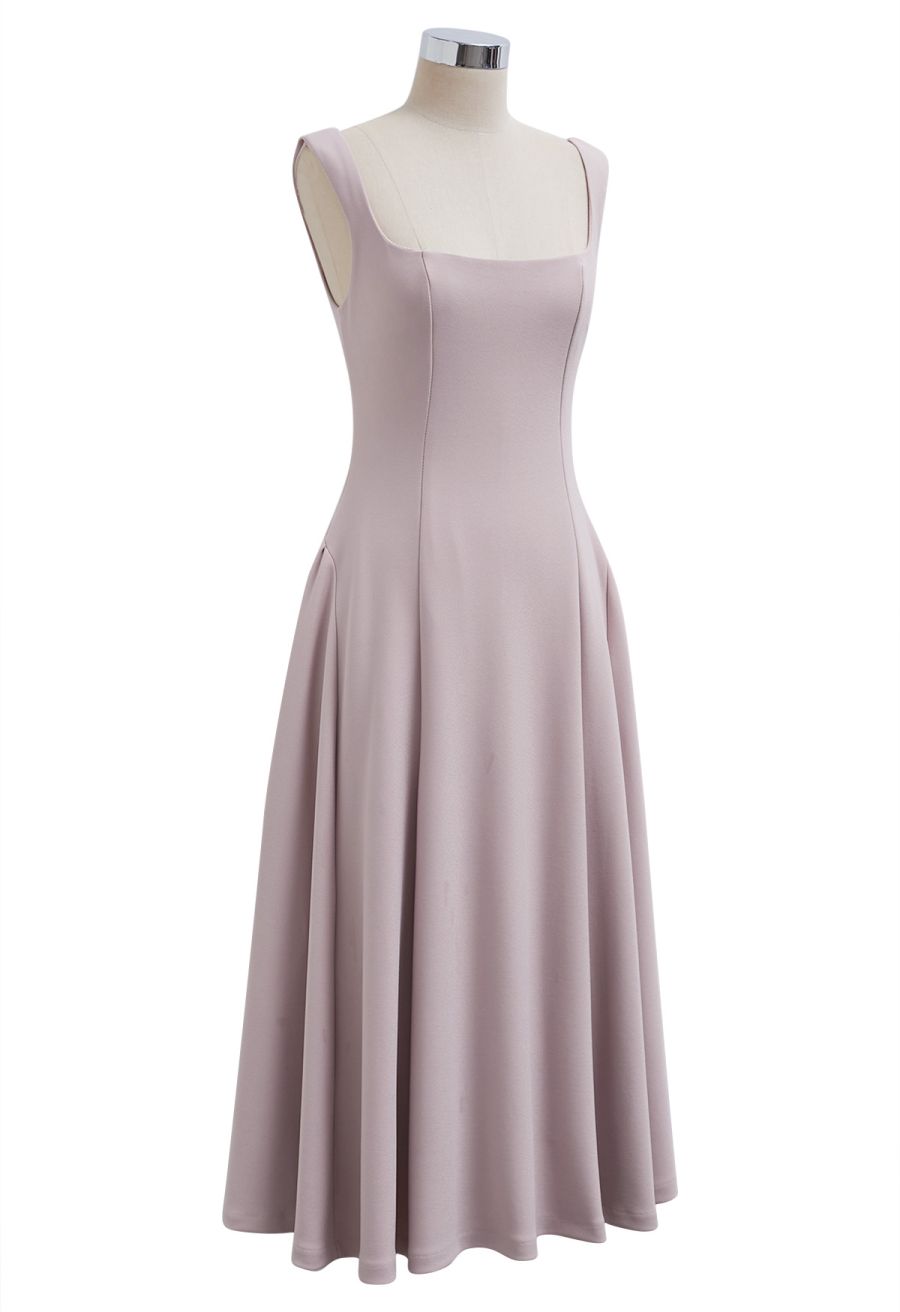 Square Neck Fit and Flare Midi Dress in Blush Pink