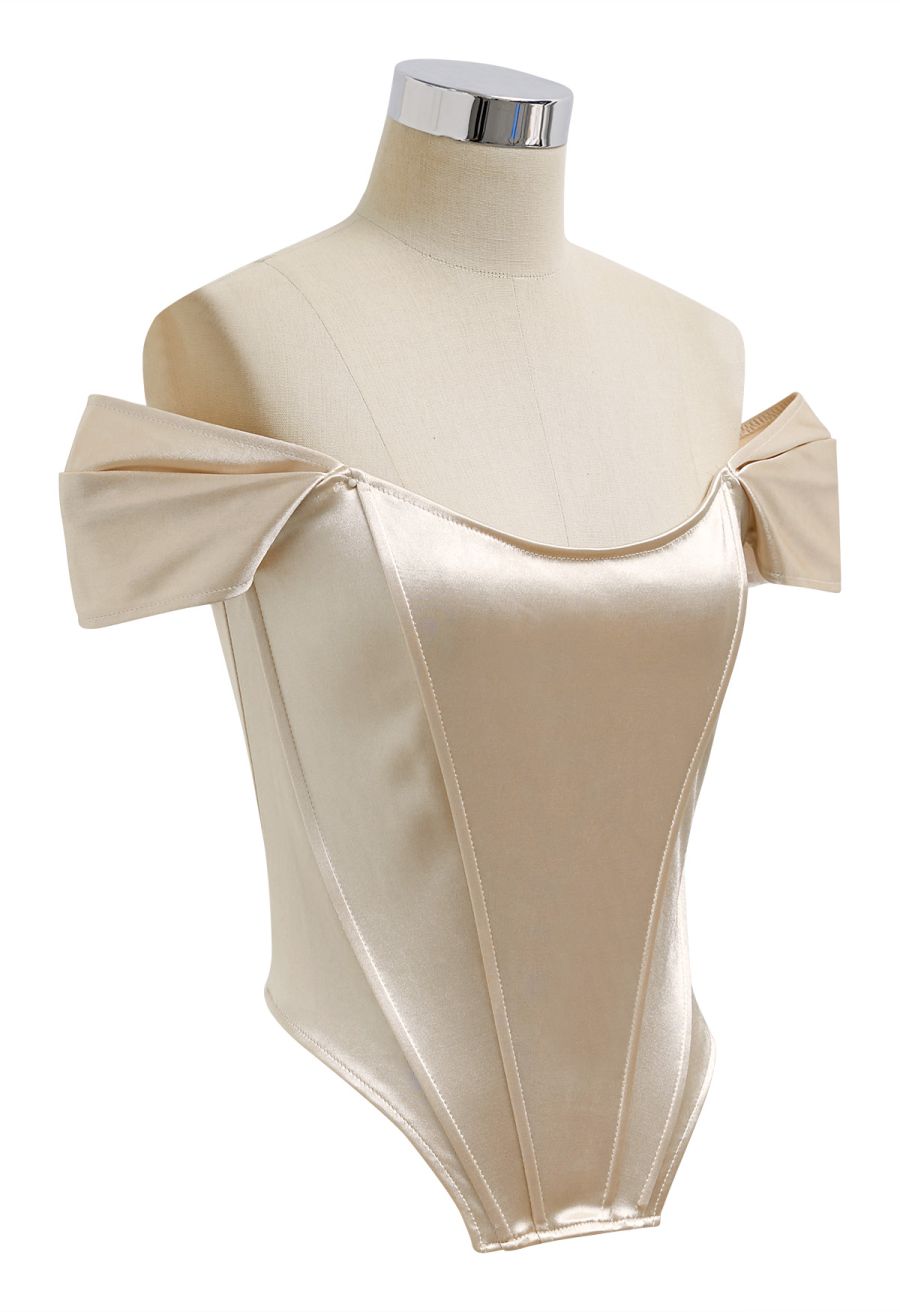 Off-Shoulder Sheen Satin Bustier Top in Apricot