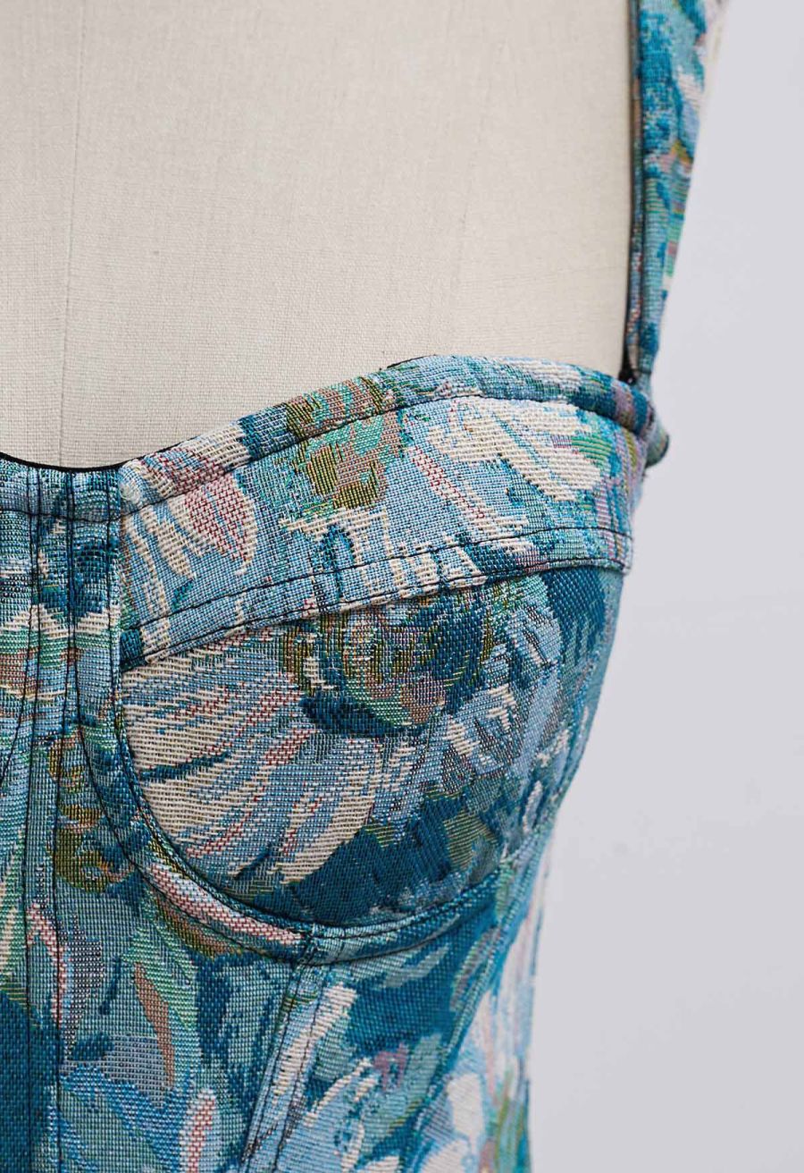 Vintage Flower Canvas Bustier Top in Blue