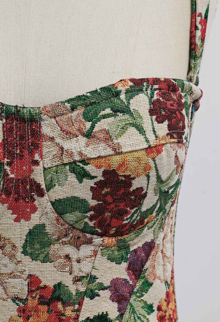 Vintage Flower Canvas Bustier Top in Burgundy
