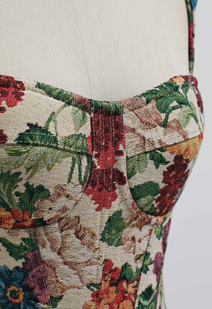 Vintage Flower Canvas Bustier Top in Burgundy