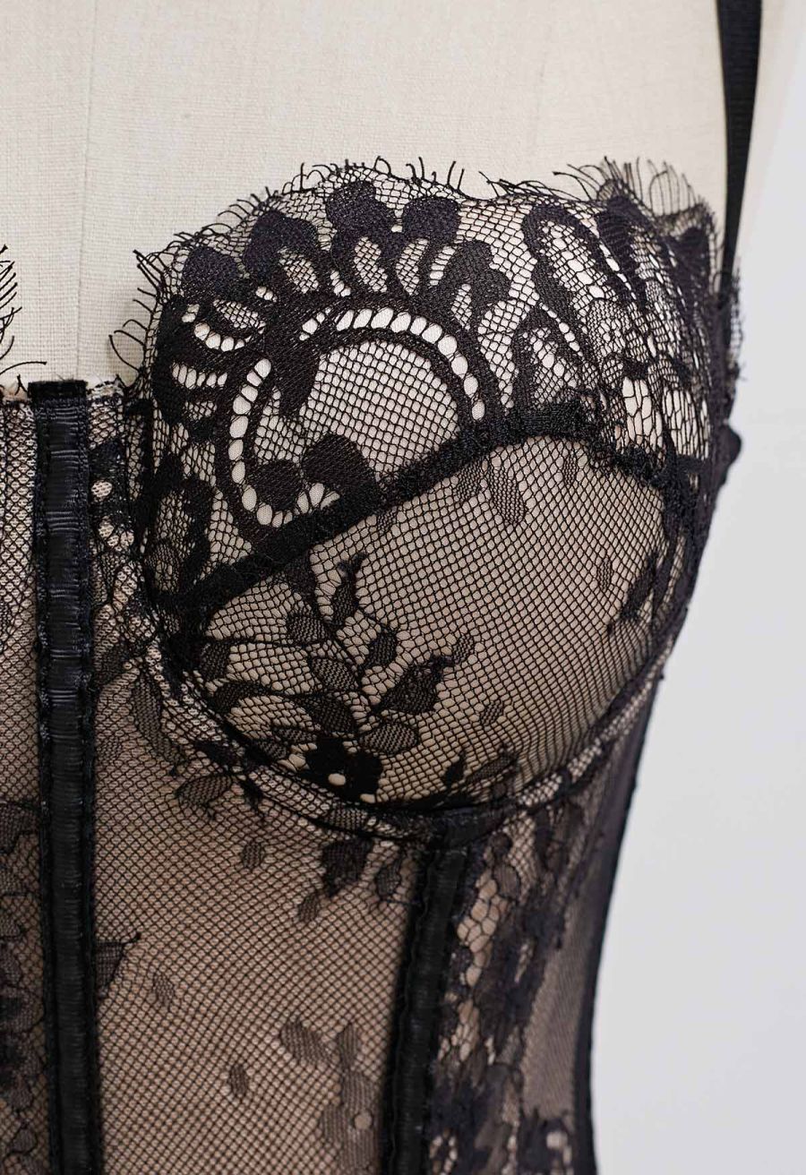 Floral Lace Corset Mesh Bra Top in Black