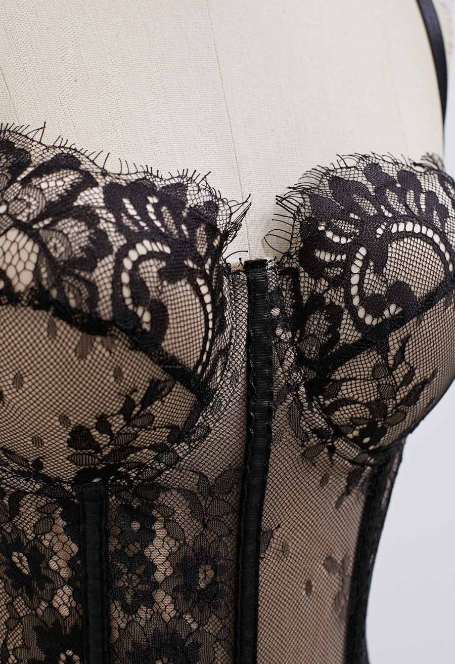 Floral Lace Corset Mesh Bra Top in Black
