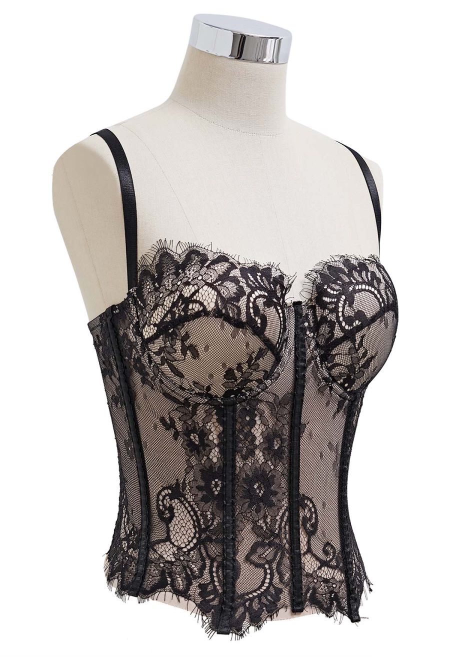 Floral Lace Corset Mesh Bra Top in Black