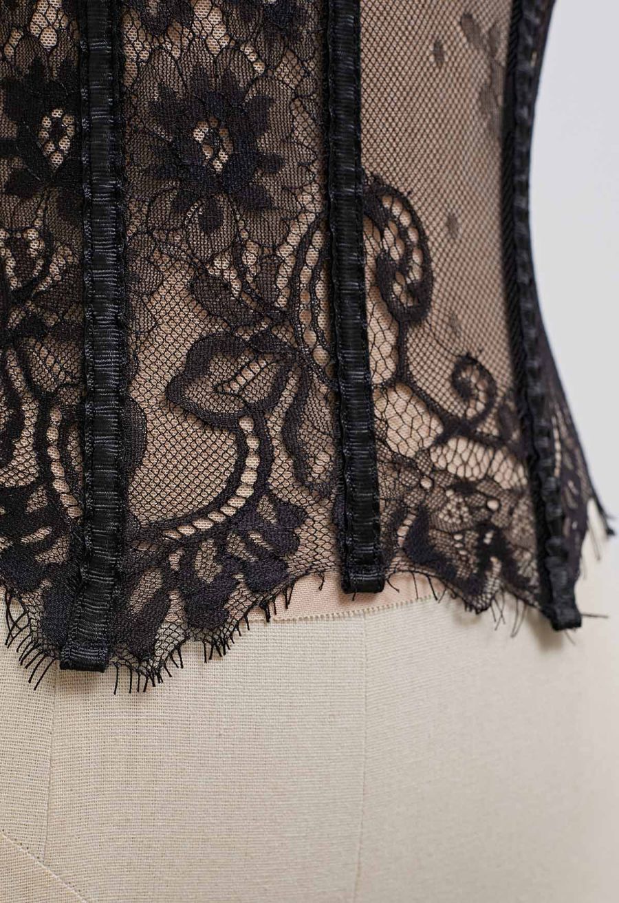 Floral Lace Corset Mesh Bra Top in Black