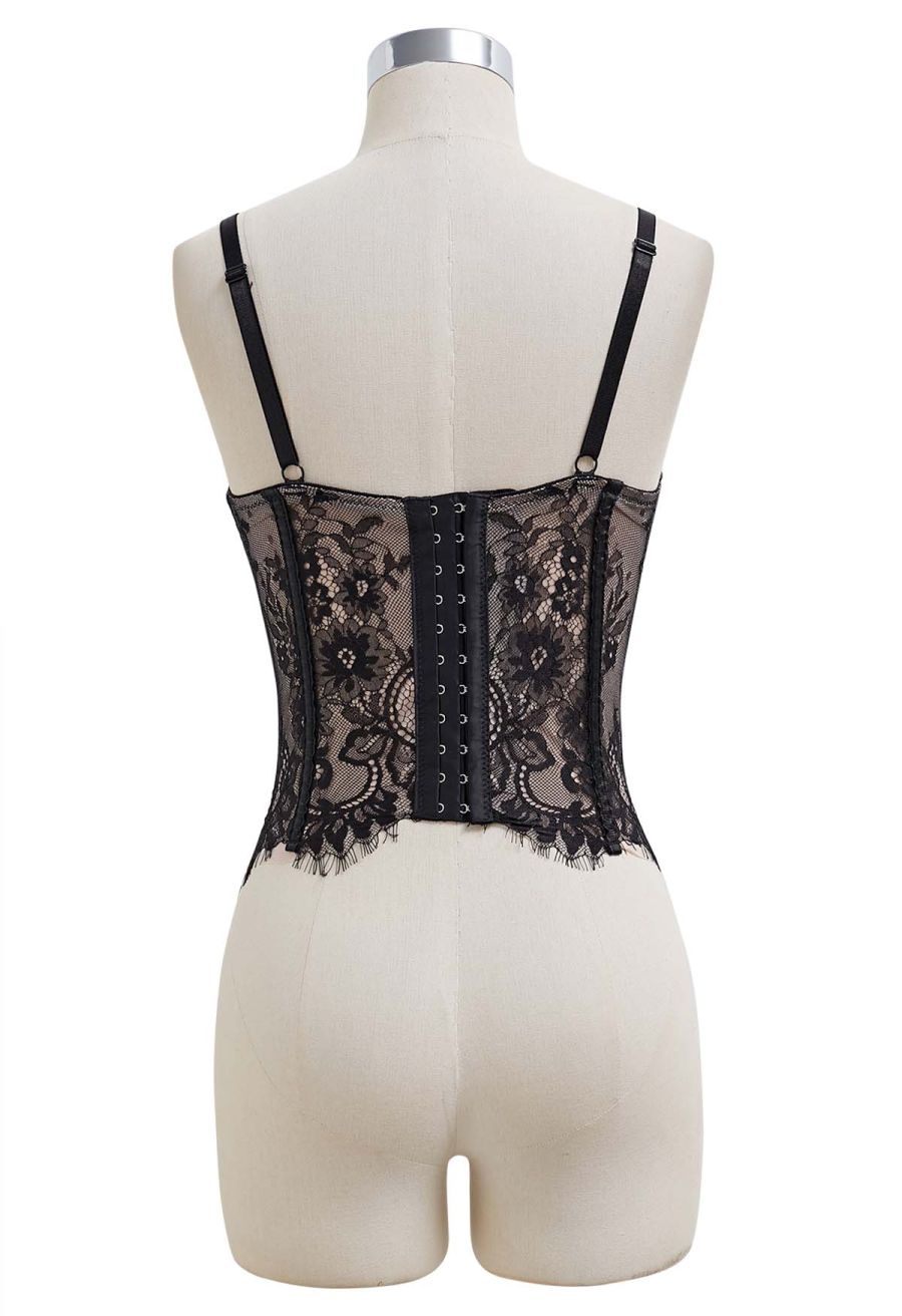 Floral Lace Corset Mesh Bra Top in Black