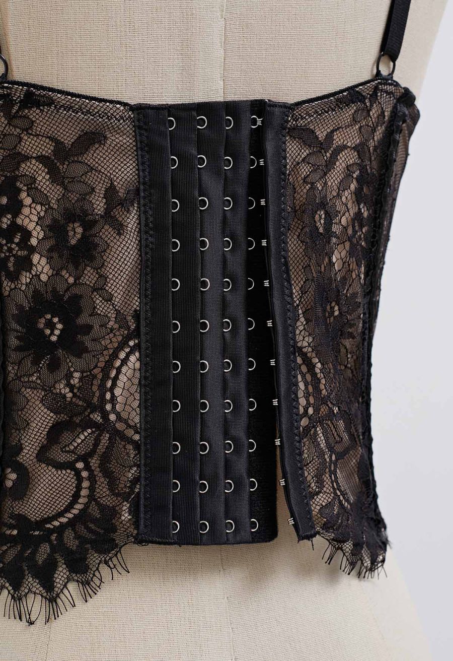 Floral Lace Corset Mesh Bra Top in Black