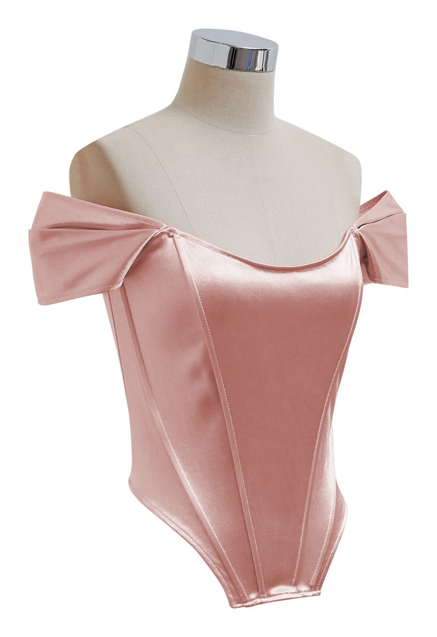 Off-Shoulder Sheen Satin Bustier Top in Dusty Pink