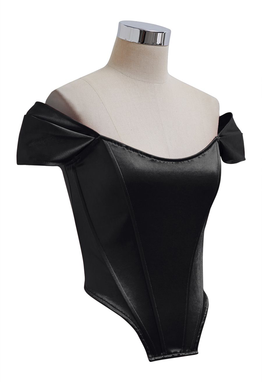 Off-Shoulder Sheen Satin Bustier Top in Black
