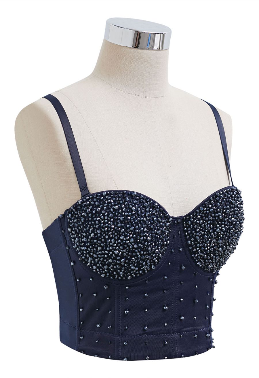 Rhinestone Embellished Corset Push-Up Bra Top in Navy