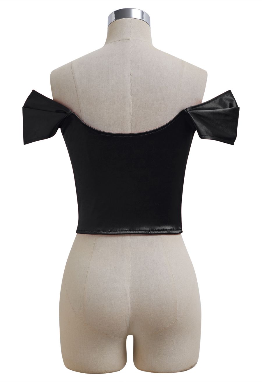 Off-Shoulder Sheen Satin Bustier Top in Black