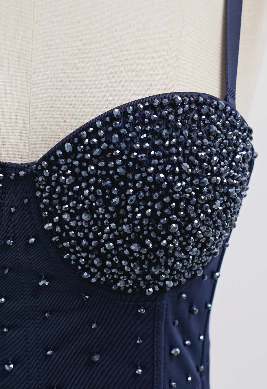 Rhinestone Embellished Corset Push-Up Bra Top in Navy