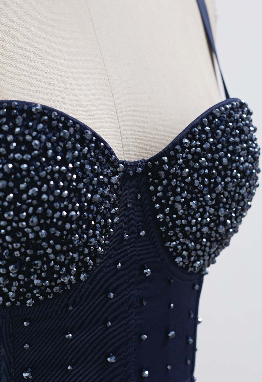 Rhinestone Embellished Corset Push-Up Bra Top in Navy