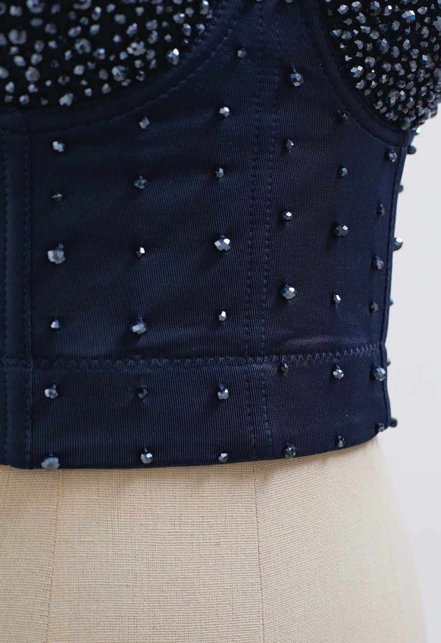 Rhinestone Embellished Corset Push-Up Bra Top in Navy