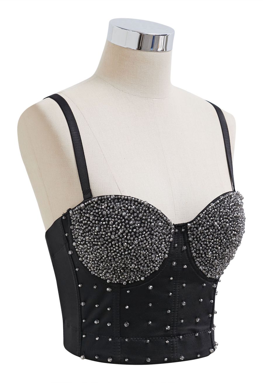 Rhinestone Embellished Corset Push-Up Bra Top in Black