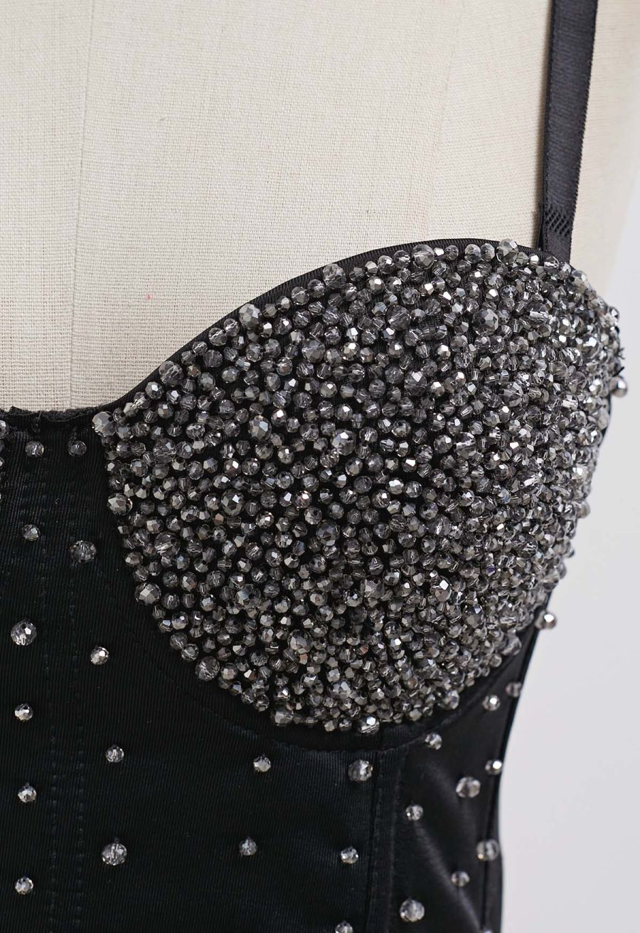 Rhinestone Embellished Corset Push-Up Bra Top in Black