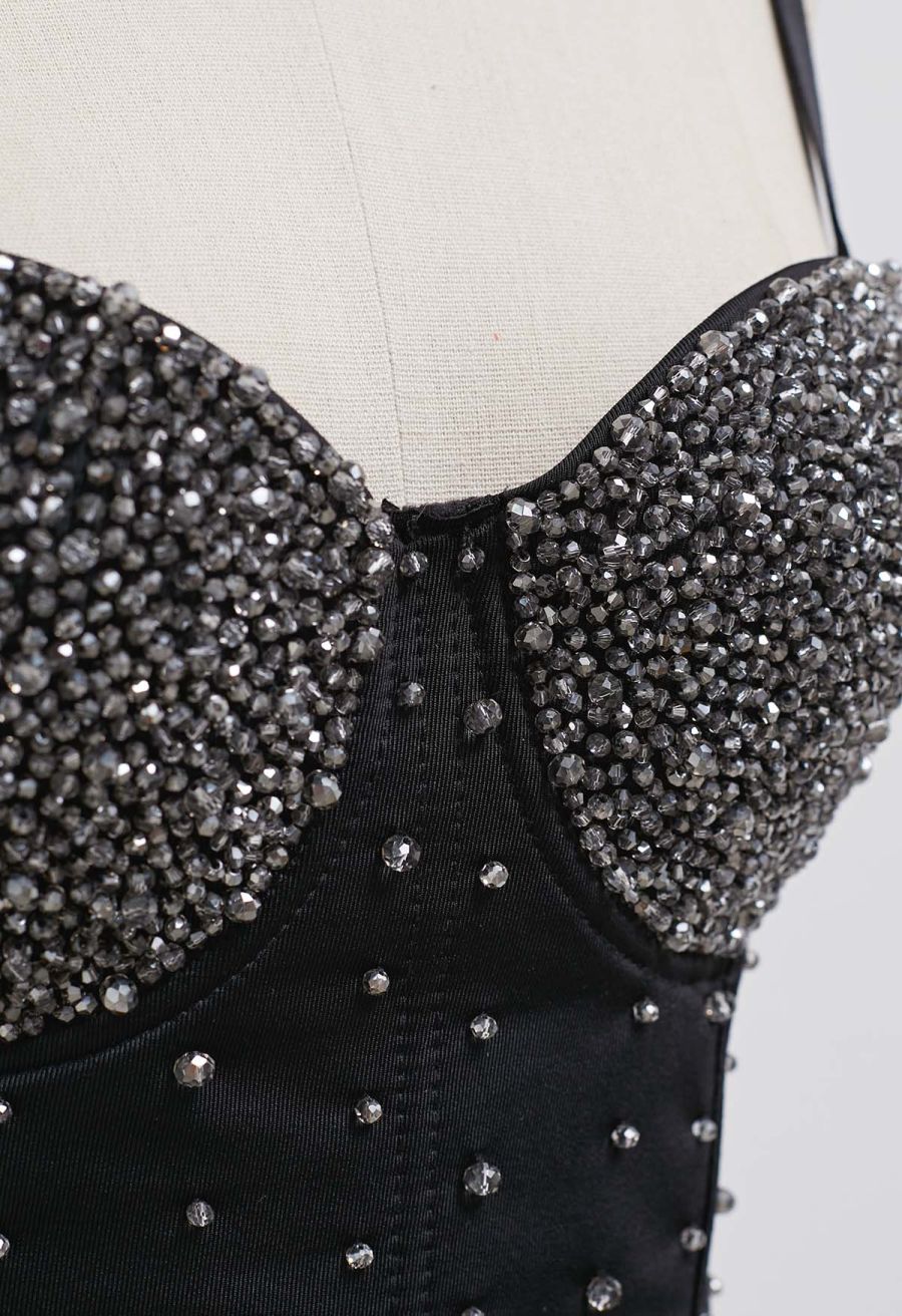 Rhinestone Embellished Corset Push-Up Bra Top in Black