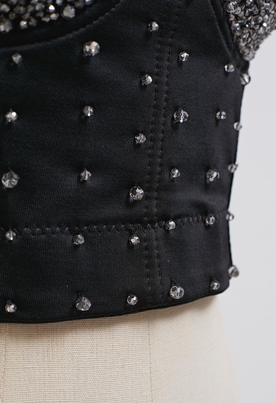 Rhinestone Embellished Corset Push-Up Bra Top in Black