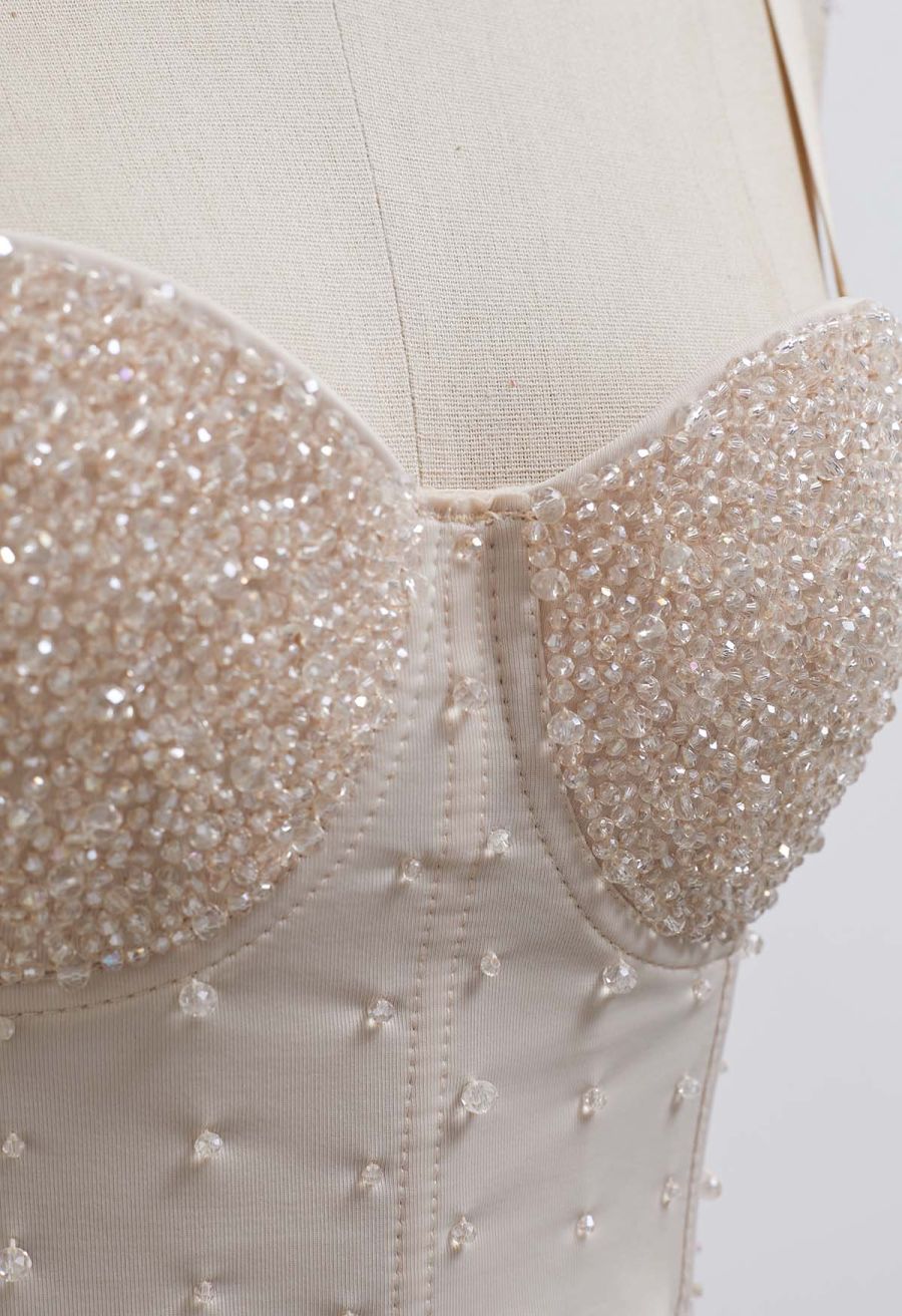 Rhinestone Embellished Corset Push-Up Bra Top in Apricot