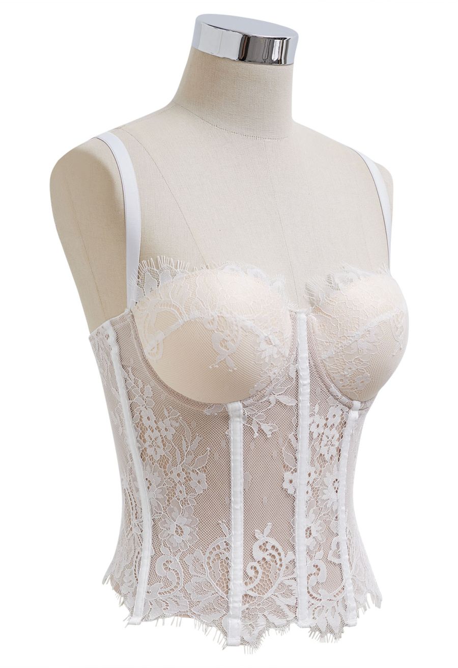 Floral Lace Corset Mesh Bra Top in White