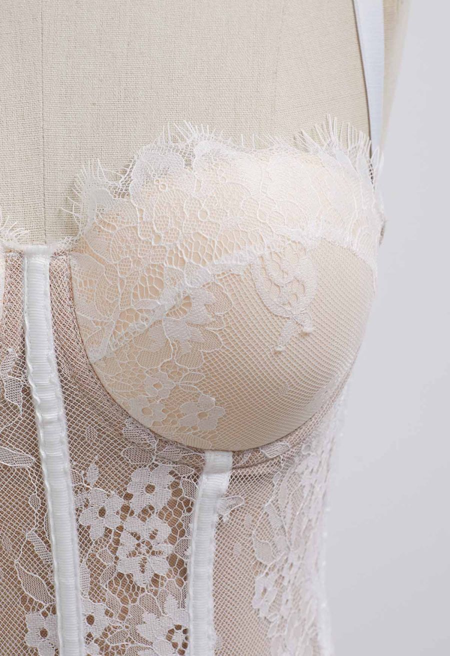 Floral Lace Corset Mesh Bra Top in White