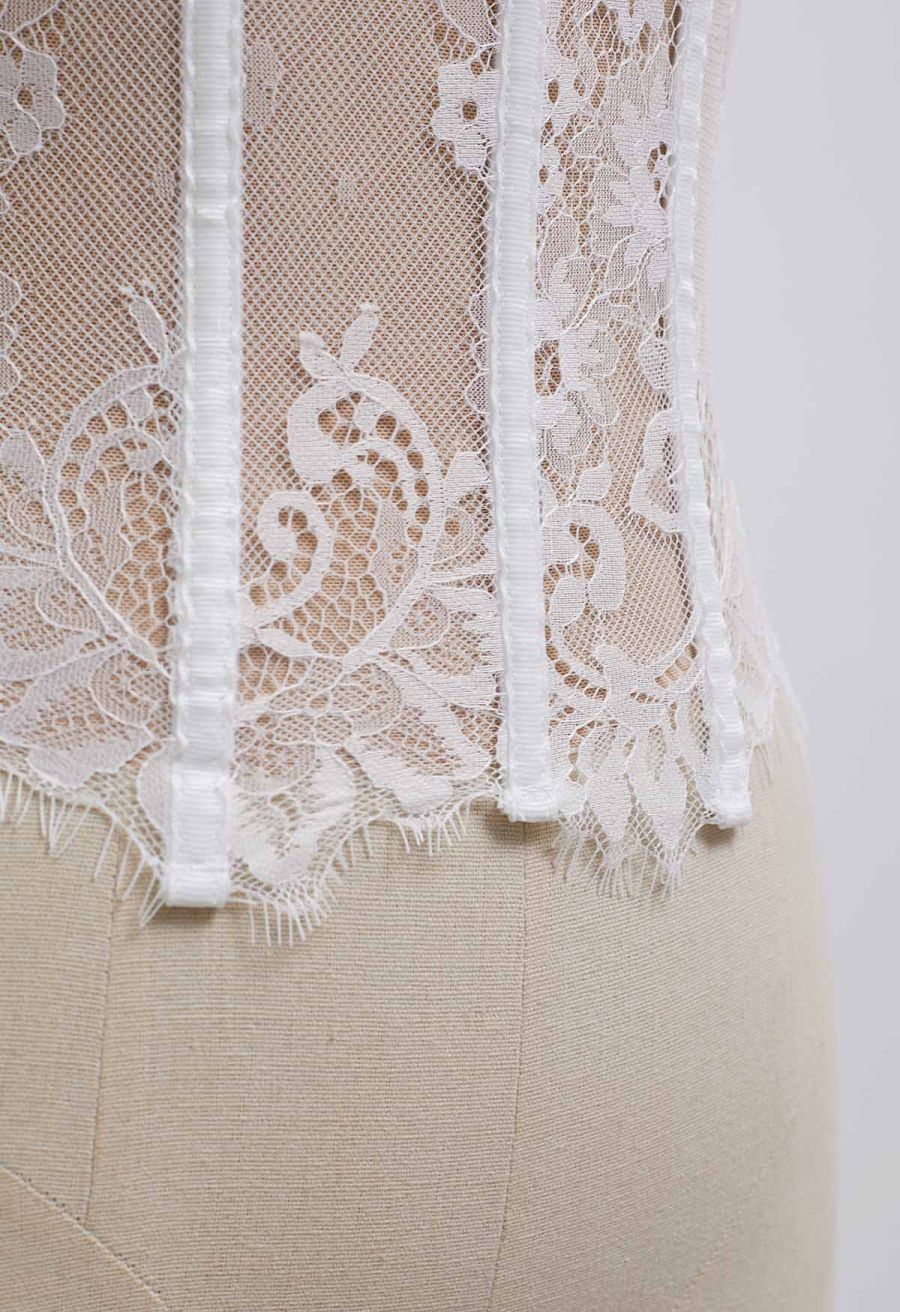 Floral Lace Corset Mesh Bra Top in White