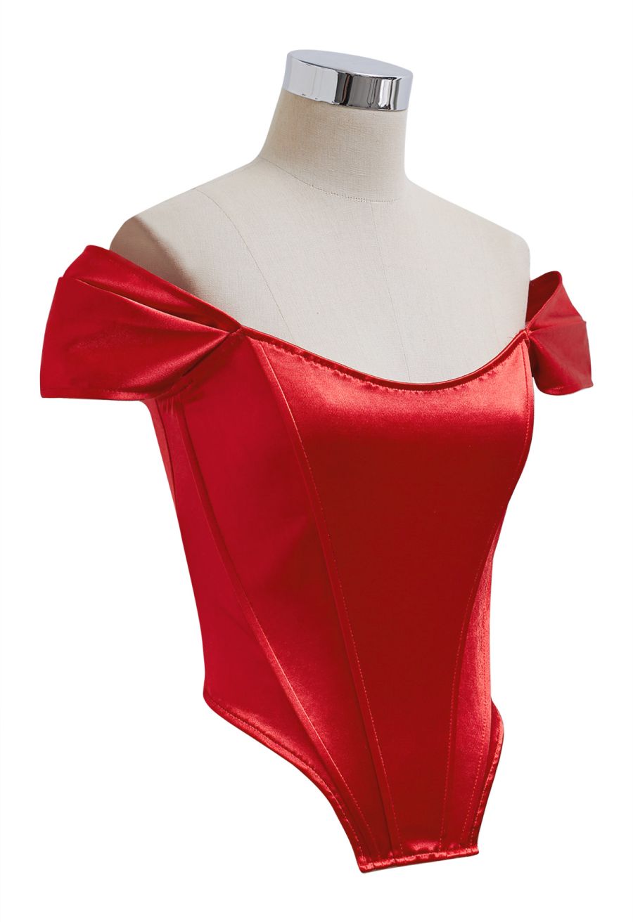 Off-Shoulder Sheen Satin Bustier Top in Red