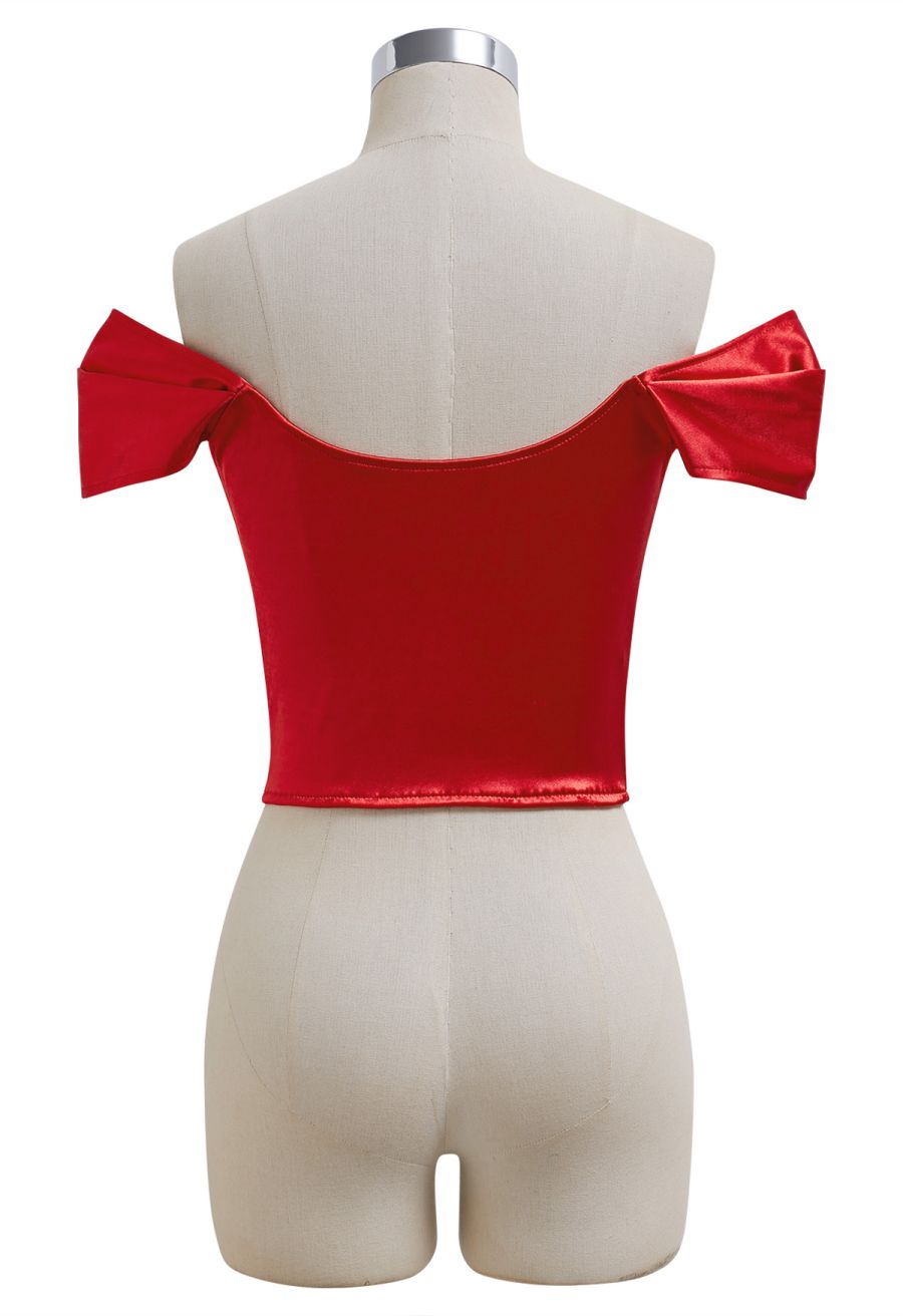 Off-Shoulder Sheen Satin Bustier Top in Red