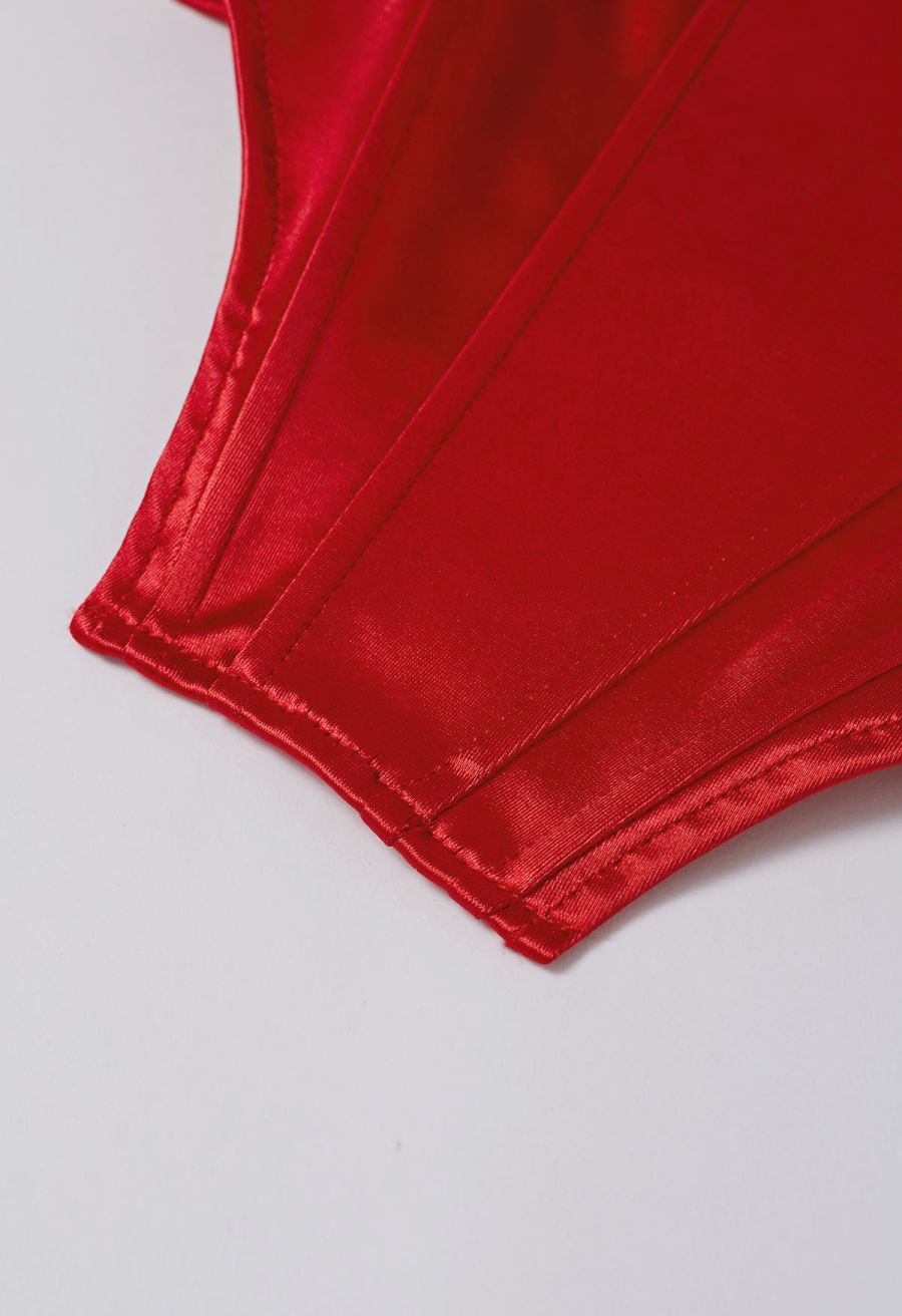 Off-Shoulder Sheen Satin Bustier Top in Red