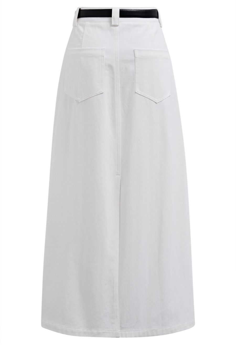 Functional Pocket Belted Denim Maxi Skirt in White
