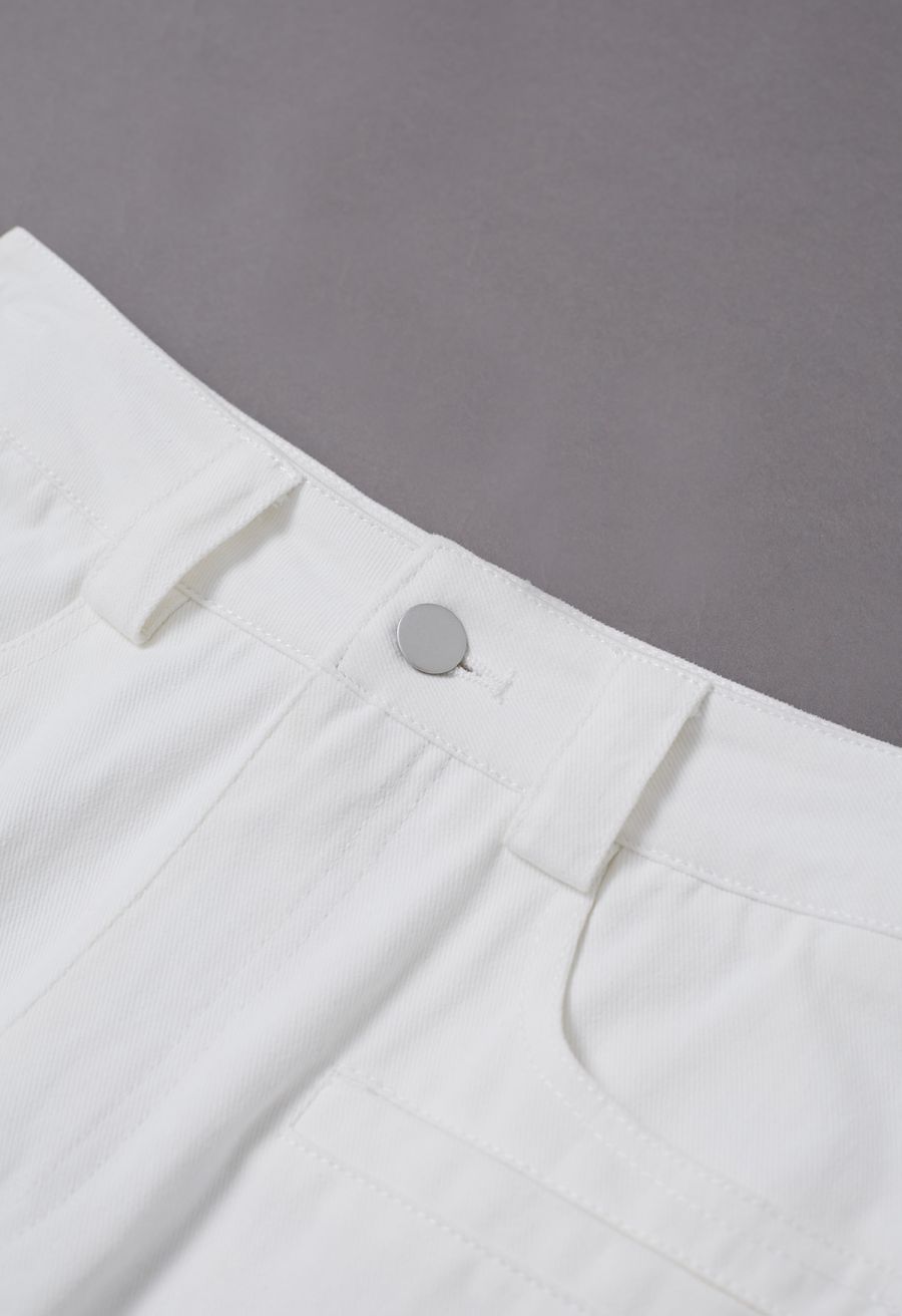 Functional Pocket Belted Denim Maxi Skirt in White