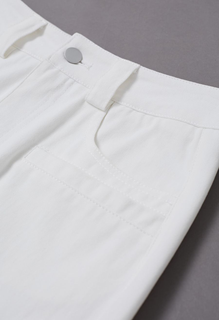 Functional Pocket Belted Denim Maxi Skirt in White