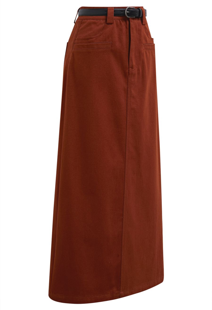 Functional Pocket Belted Denim Maxi Skirt in Rust