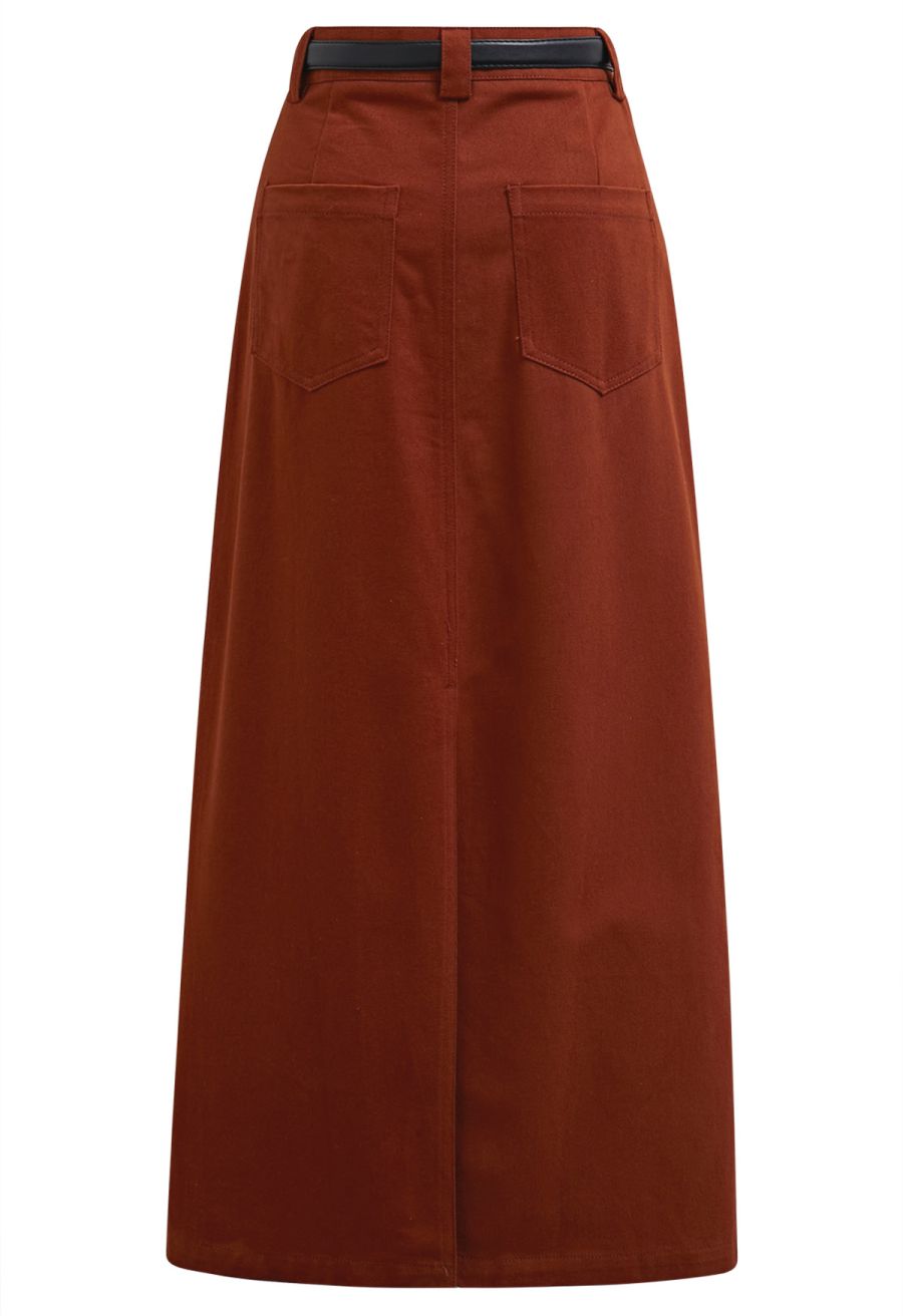 Functional Pocket Belted Denim Maxi Skirt in Rust