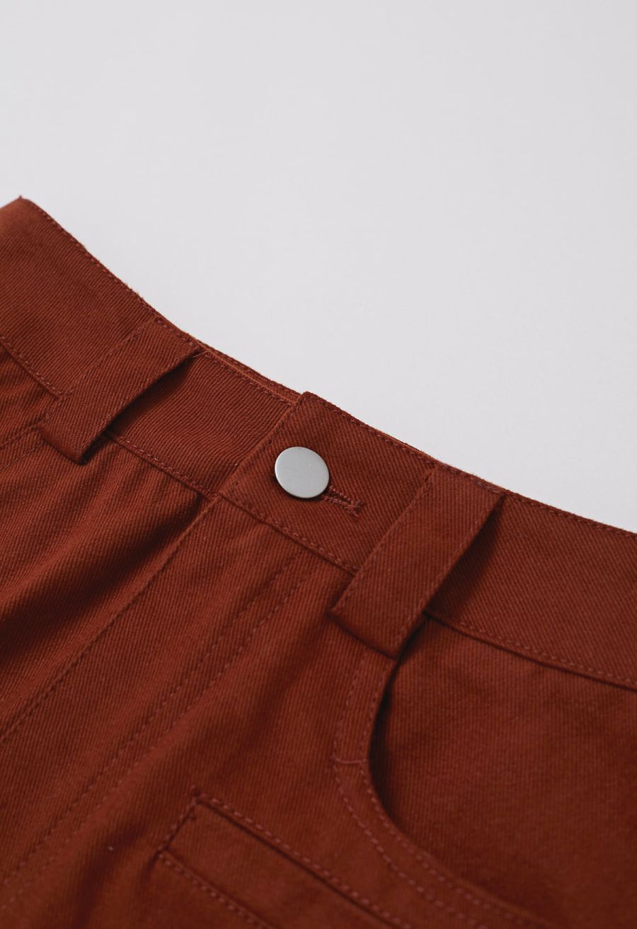 Functional Pocket Belted Denim Maxi Skirt in Rust