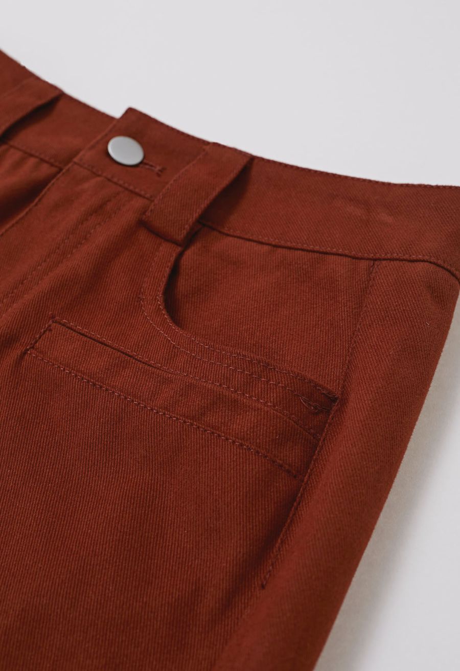 Functional Pocket Belted Denim Maxi Skirt in Rust