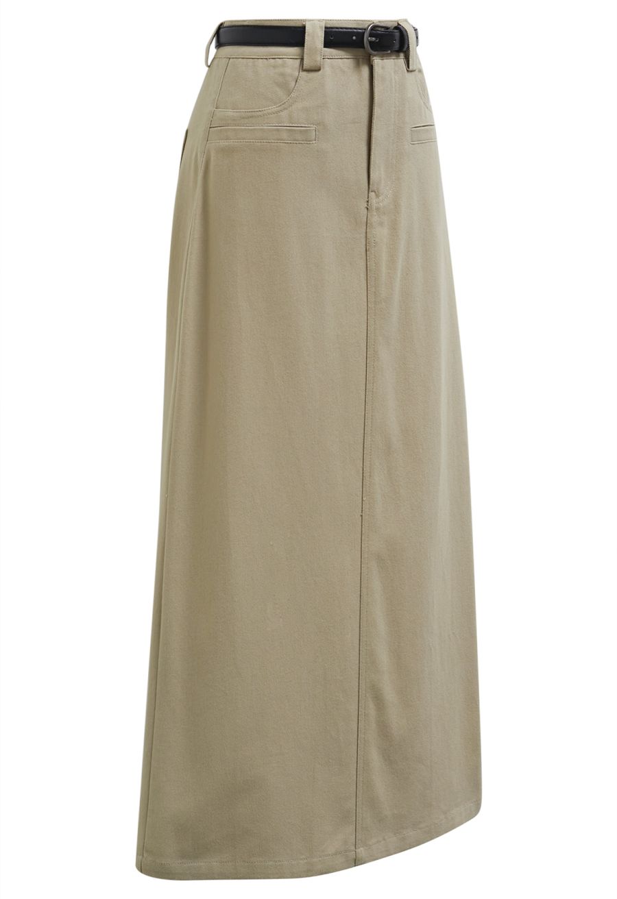 Functional Pocket Belted Denim Maxi Skirt in Light Tan