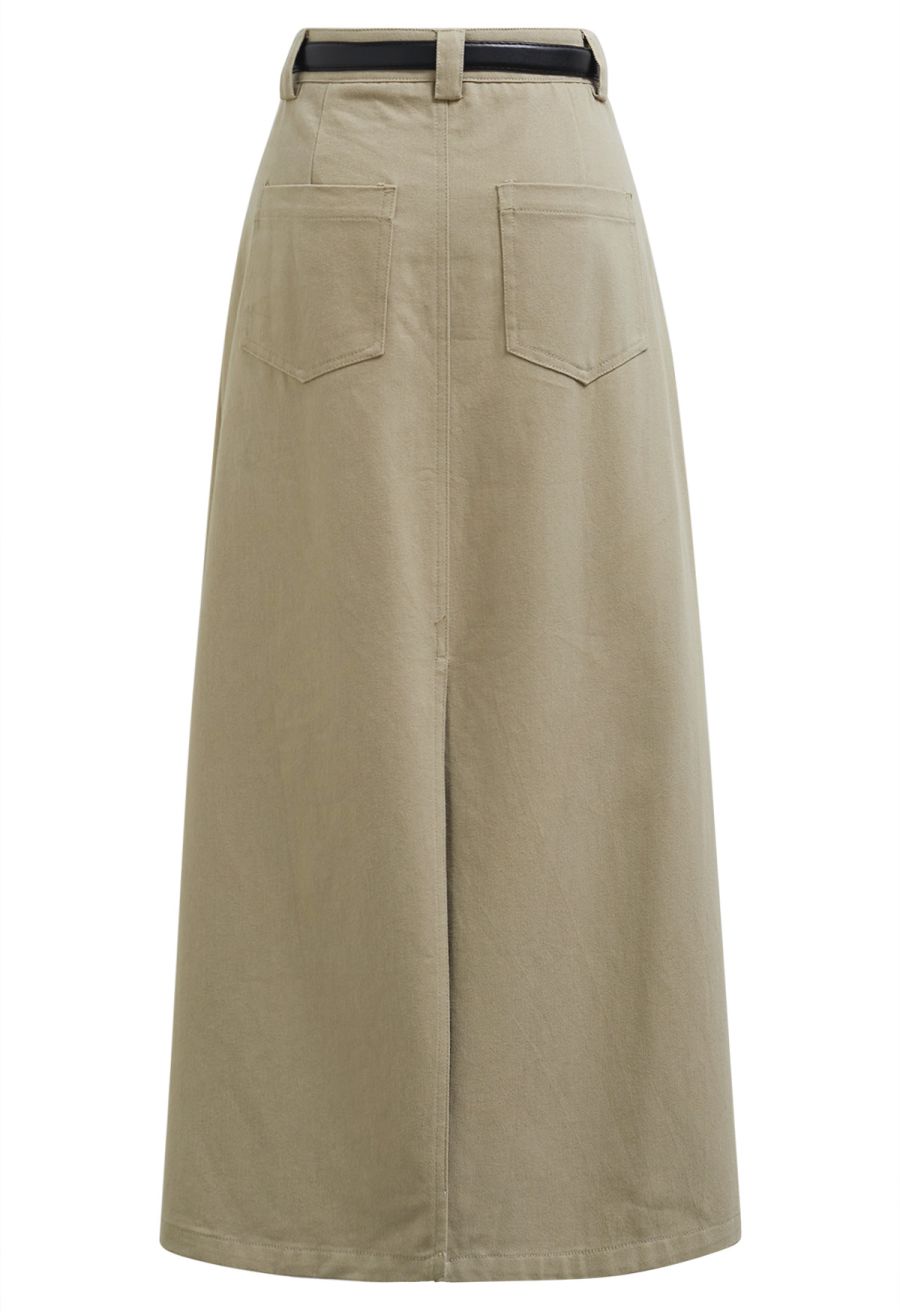 Functional Pocket Belted Denim Maxi Skirt in Light Tan